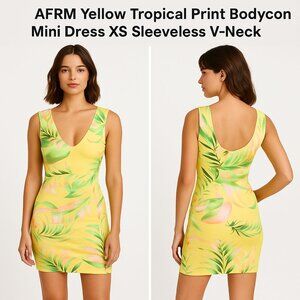 AFRM Yellow Tropical Print Bodycon Mini Dress XS Sleeveless V-Neck